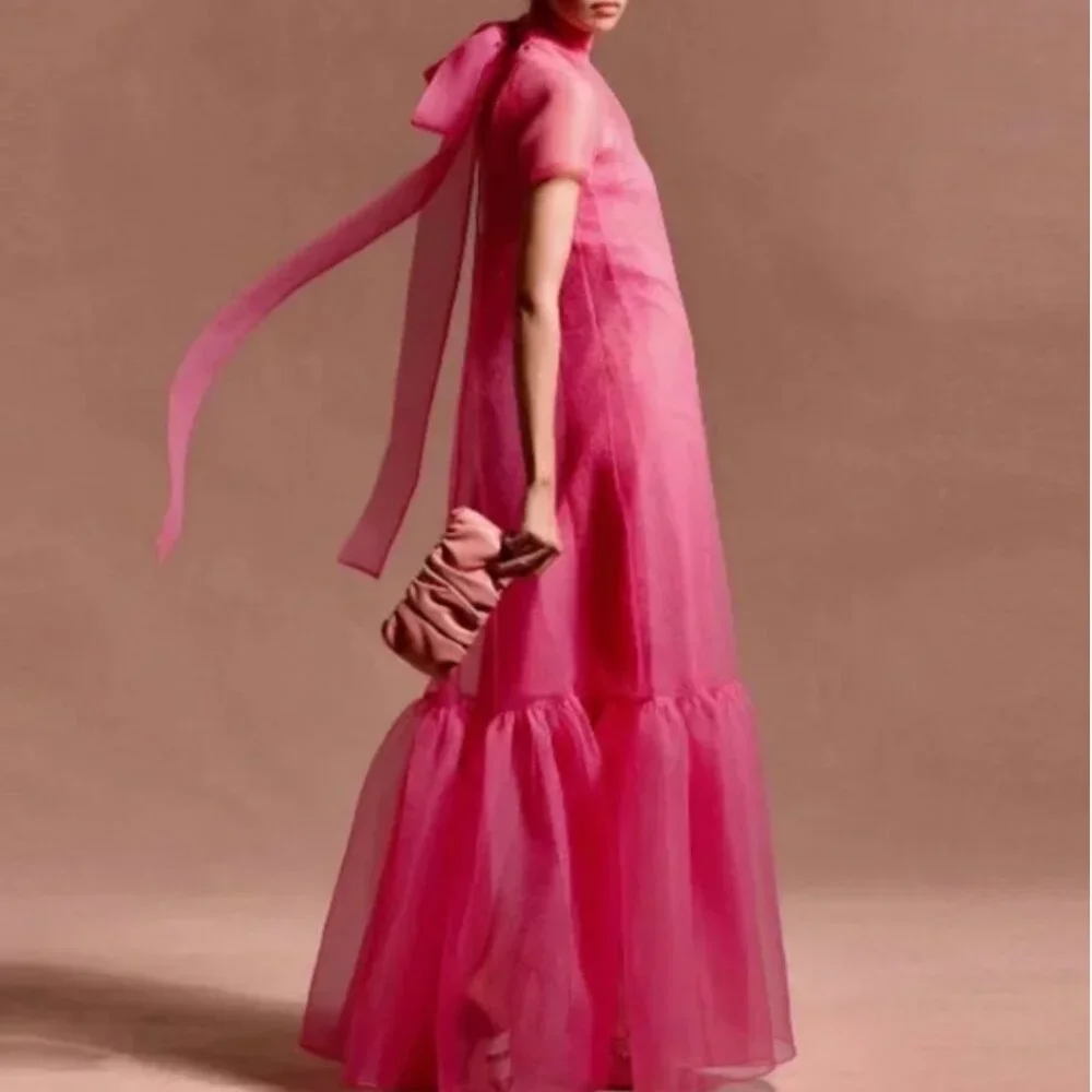 *Cover Only* STAUD Calluna Tiered Tulle Gown Maxi Dress Pink Sheer Bow - Picture 5 of 13